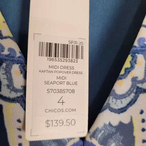 New Chico's seaport blue popover kaftan midi dress Size XXL Boho Lagenlook - Picture 10 of 11